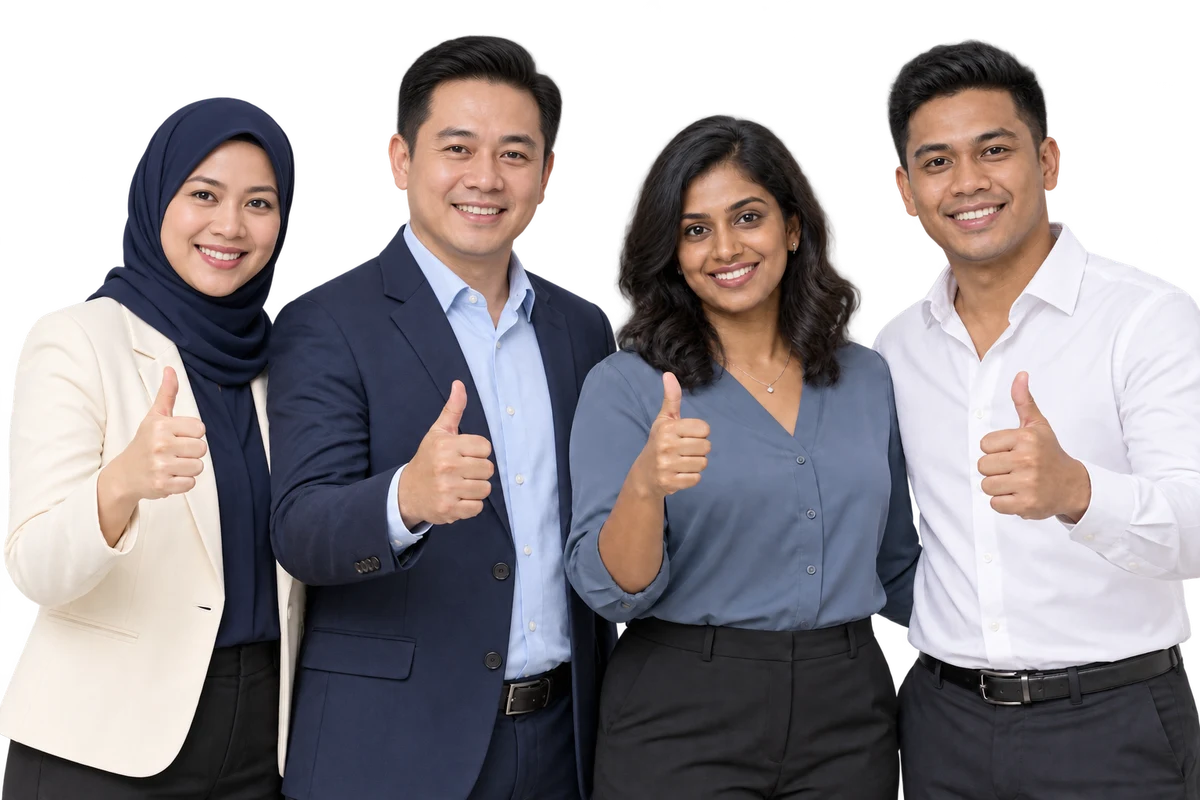 Four smiling agency colleagues giving thumbs up together