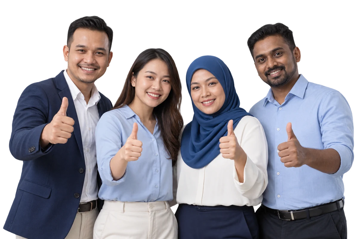 Four smiling agency colleagues giving thumbs up together